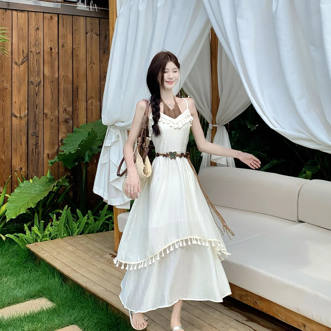 甜美穿搭波西米亚流苏挂脖吊带裙复古连衣裙女装禅意仙气飘飘