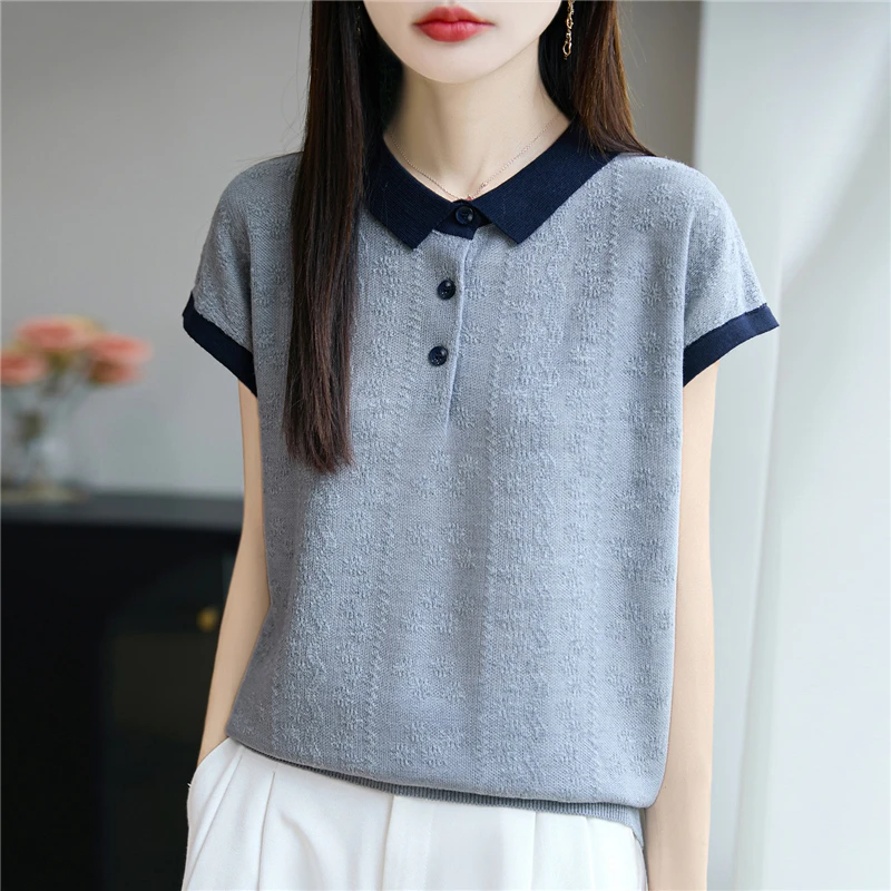 哥弟阿玛施正品撞色polo领小飞袖T恤冰丝针织2025夏薄透气宽松T恤