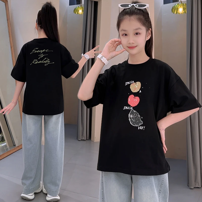 女中大童夏季短袖印花T裙洋气休闲宝宝时髦百搭宽松潮流时尚纯棉