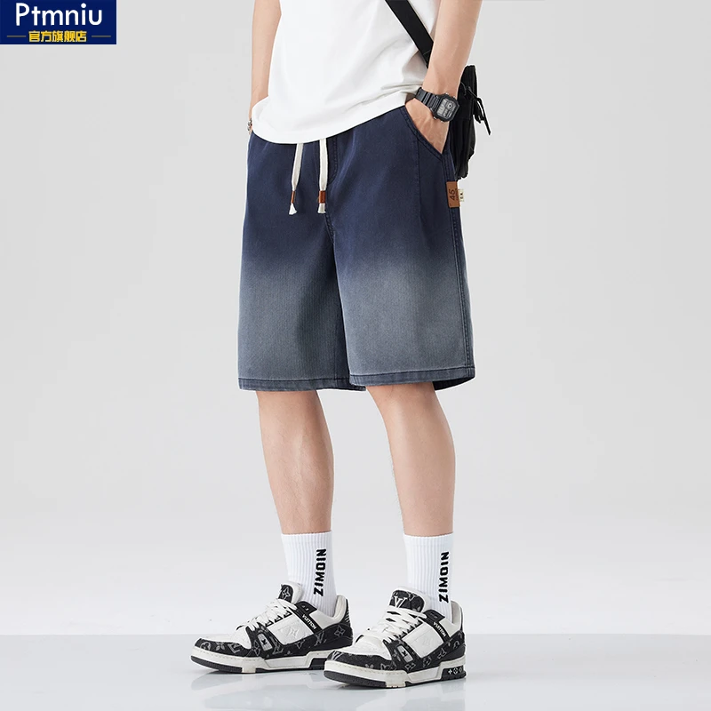 天丝牛仔短裤男士夏季薄款直筒宽松潮牌五分裤渐变冰丝休闲中裤子