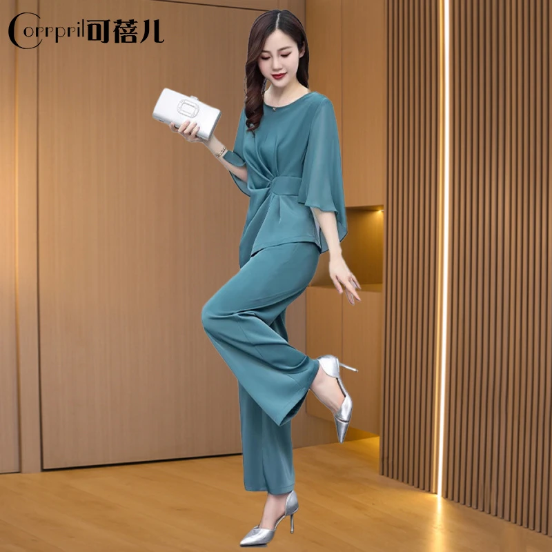 【可蓓儿】2025新款女夏季时尚高端职业冰丝短款上妈妈装雪纺衫套装