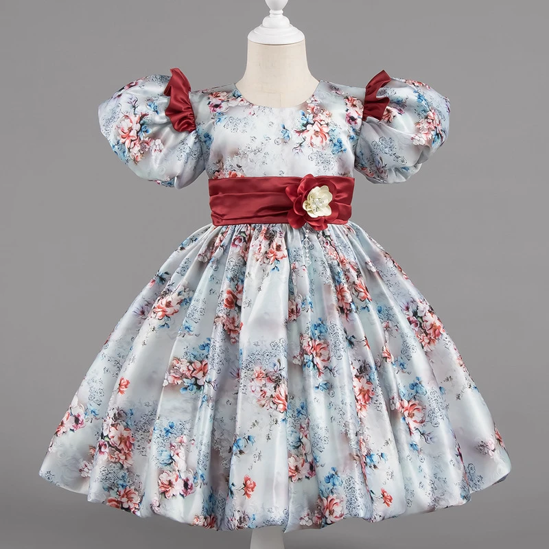 【跨境专供】2025新款女童装印花连衣裙子儿童泡泡袖礼服公主裙