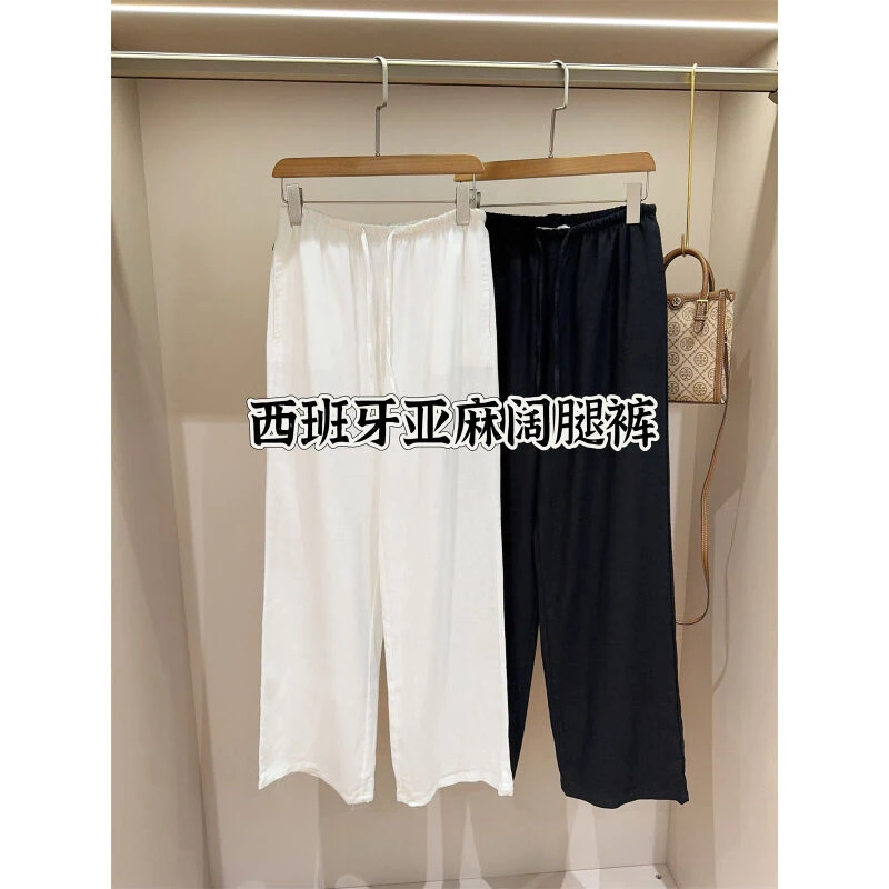 西班牙单  抽绳随意宽松直筒亚麻休闲裤
