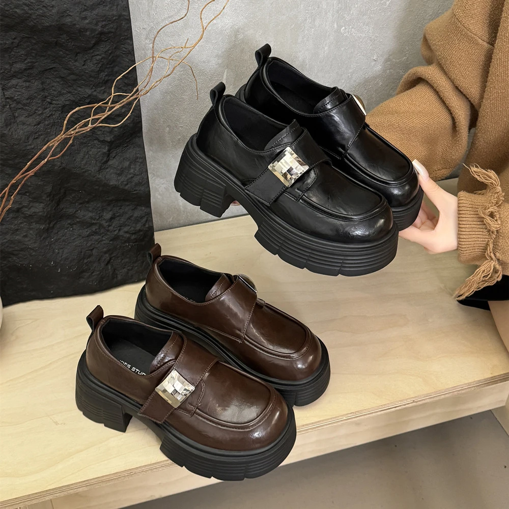 【芙俪兰】秋季新款学院风厚底百搭魔术贴乐福鞋增高显瘦小单鞋女鞋