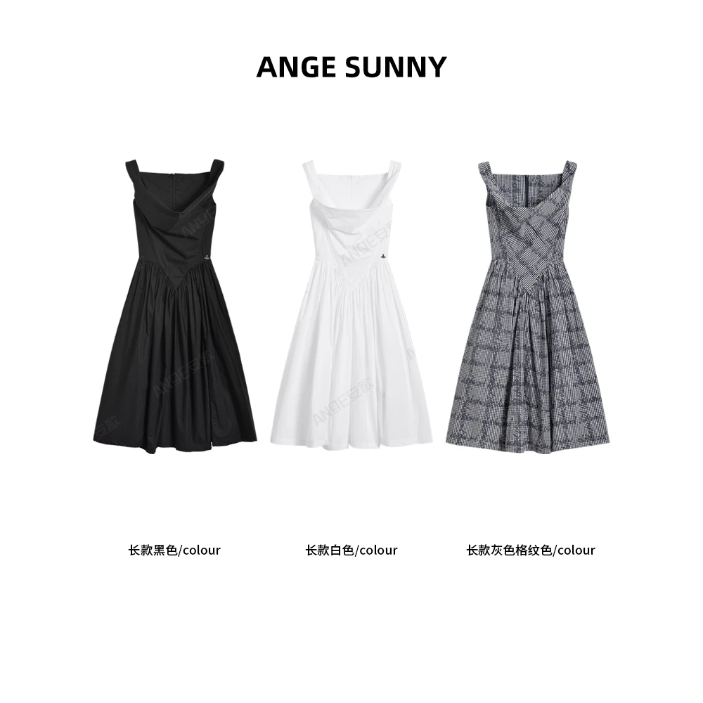 ANGE SUNNY【土星刺绣长款连衣裙】褶皱无袖吊带礼服裙 时尚新款