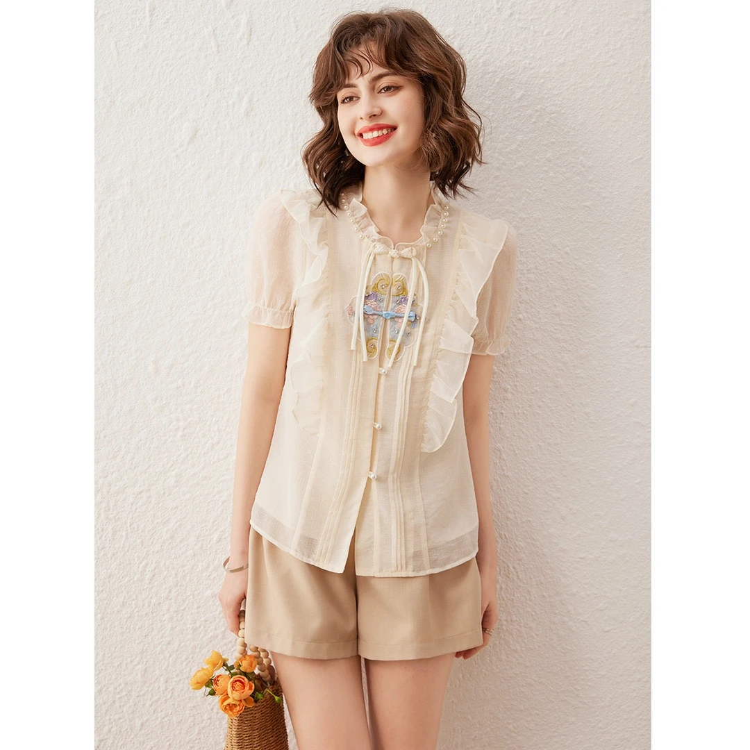 白鹿语夏新款时尚国风盘扣花边立领开衫短袖女装衬衣衬衫HU20222
