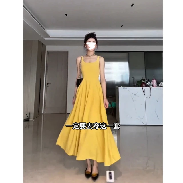 夏季a字无袖背心裙法式茶歇方领吊带连衣裙复古收腰显瘦长裙子女