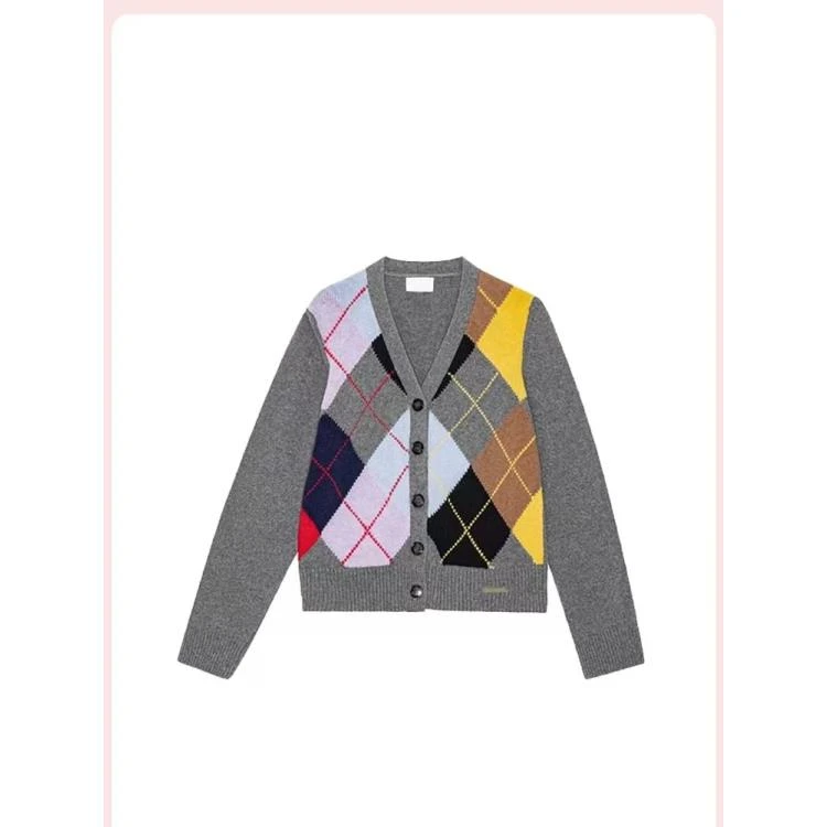 凯特丝蓓1448#菱形格纹印花v领长袖针织开衫女