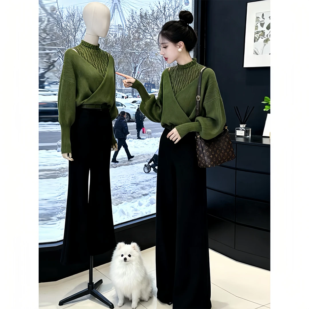 假两件拼接显瘦绿色针织衫女士2025秋冬季新款设计感小众长袖毛衣