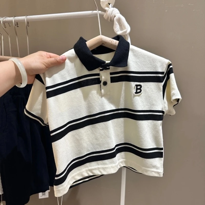 儿童韩版条纹短袖字母短袖T恤Polo衫 针织不要用热水洗