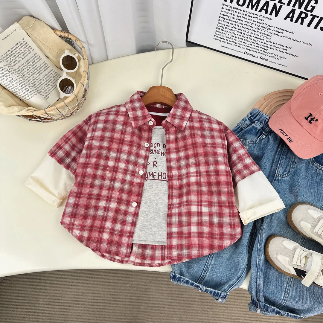 【米佑】儿童春款衬衫2025年新款儿童假两件红色格子衬衫BMC25071