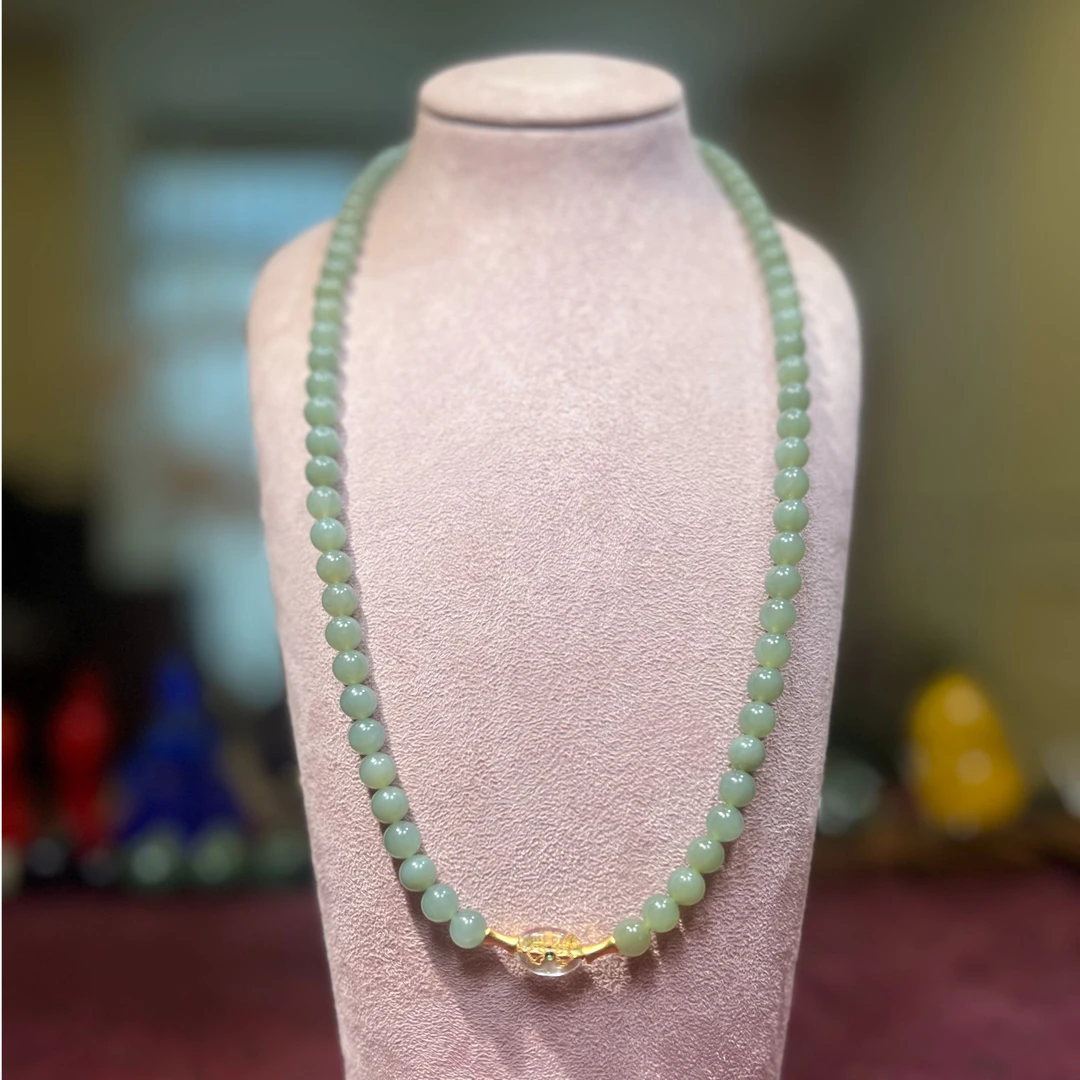 精品纯天然浅墨蓝和田玉碧玉项链（8mm） 5706-3