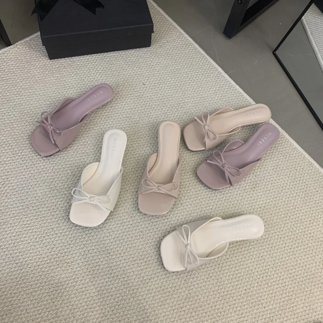 法式晚风温柔仙女一字拖鞋女夏季外穿新款蝴蝶结粗跟高跟凉拖鞋子