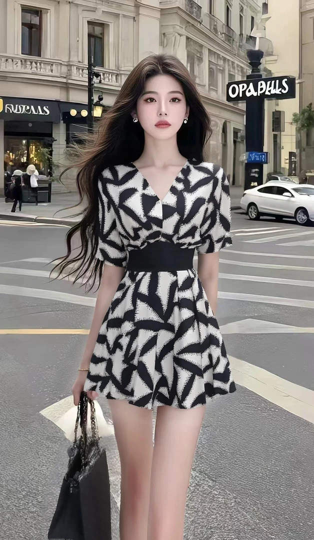 时尚温柔知性风黑白V领设计感短袖收腰连衣裙女显瘦百搭高端大气