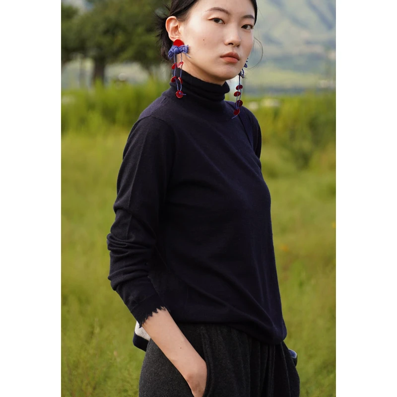 【精纺手工剪边】68S/3精纺纯羊绒打底 高领套头女士毛衣百搭藏蓝色