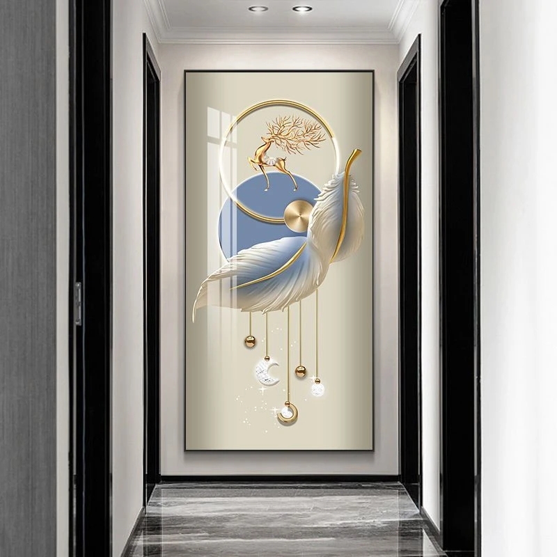 轻奢入户玄关装饰画客厅走廊过道挂画新款大气麋鹿竖版墙壁画