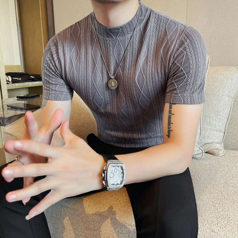 DeweLvum夏季休闲时尚短袖T恤男潮流百搭提花小中领半袖上衣男装