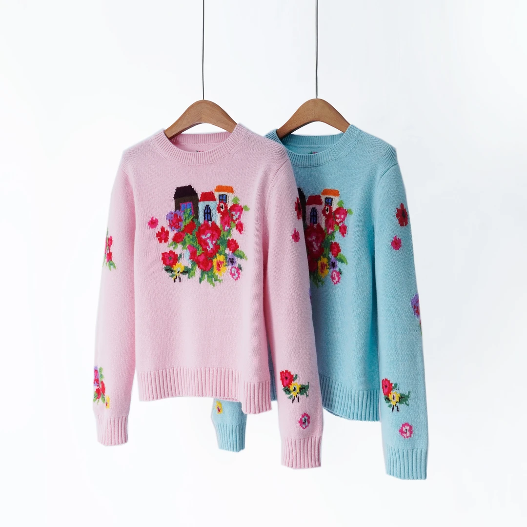 【YS12442】ER+2026早春新品多巴胺提花羊绒羊毛圆领针织衫毛衣女