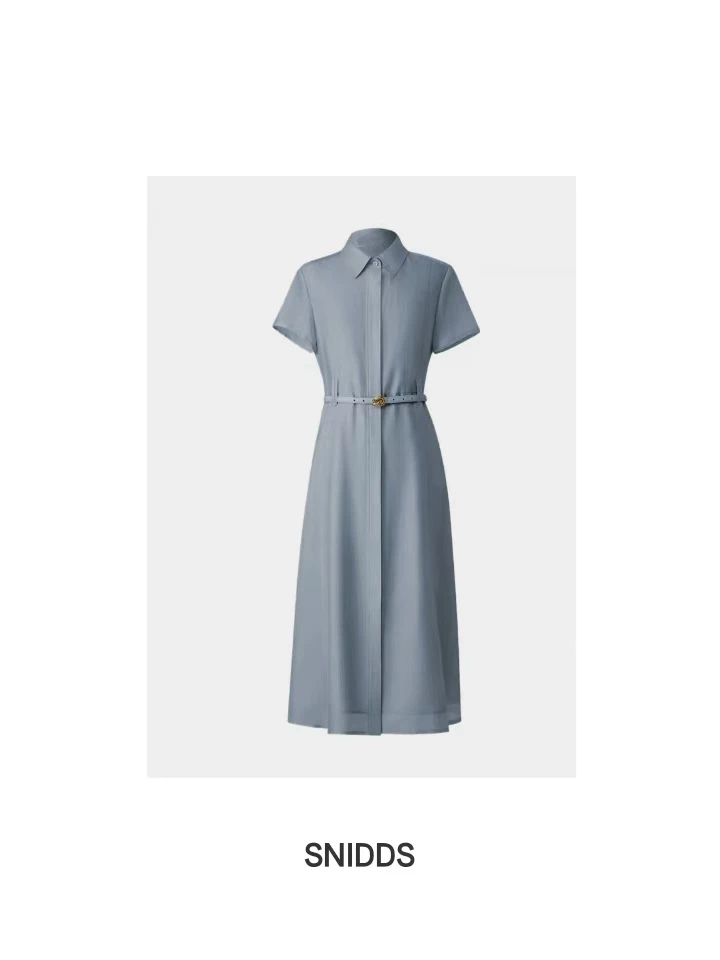 6/24女士 醋酸混纺翻领通勤腰带宽中长连衣裙