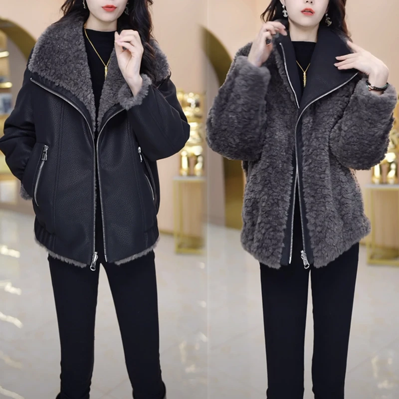 彩萱服饰冬装新款时尚两面穿宽松显瘦气质外套皮毛一体保暖大衣女