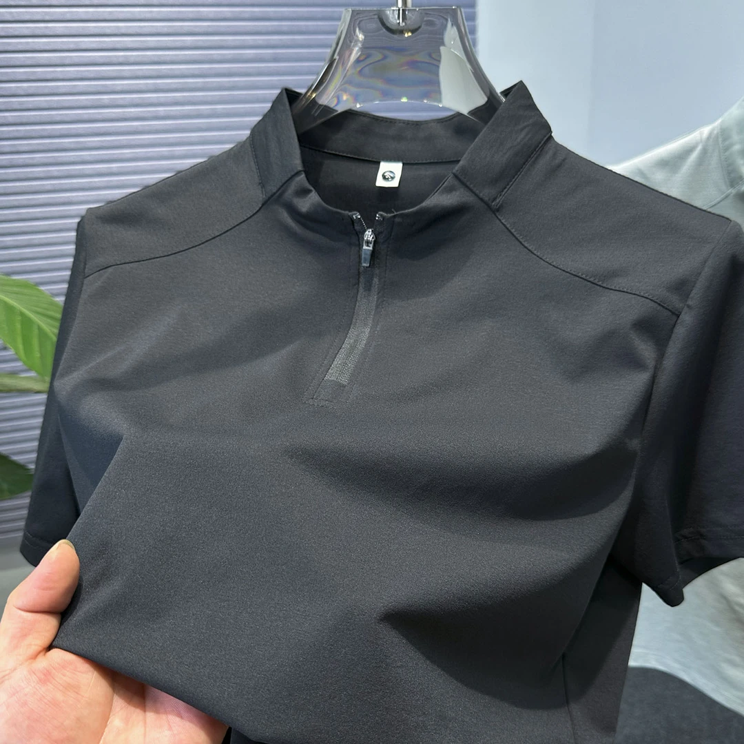 VIATEMSIARY轻奢拼接亨利领男士冰丝短袖t恤夏季薄款网孔透气上衣