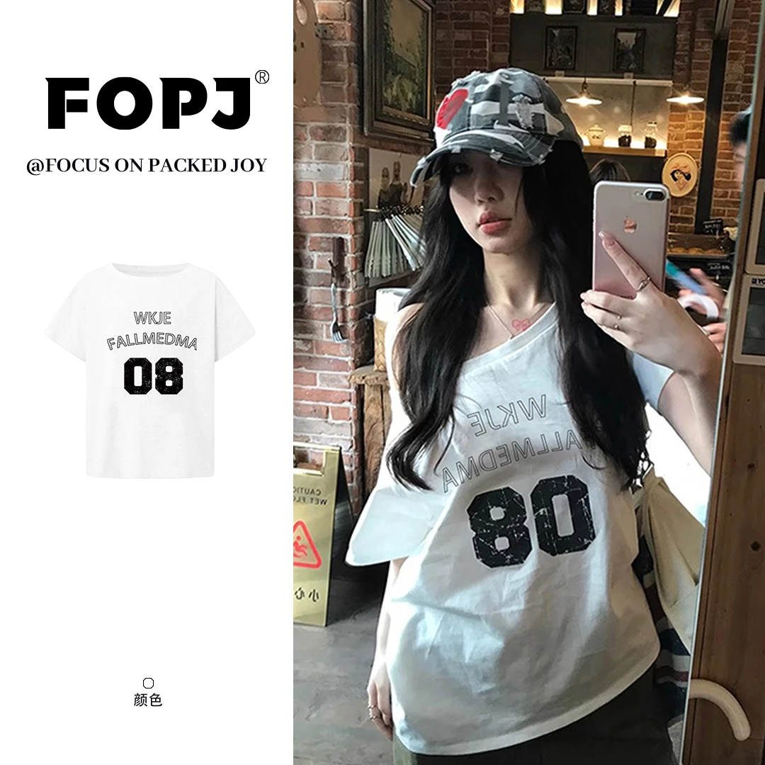 FOPJ美式夏季新款一字肩斜肩短袖t恤女宽松纯欲风百搭显瘦ins上衣