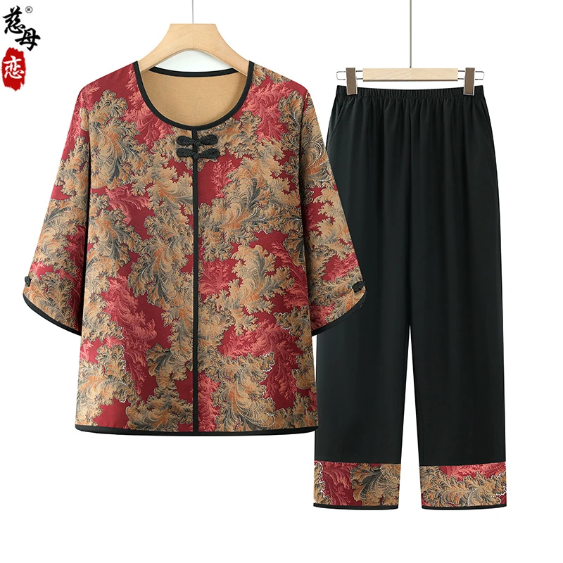 老年人奶奶装夏季套装新款中老年妈妈夏装T恤洋气上衣老太太衣服