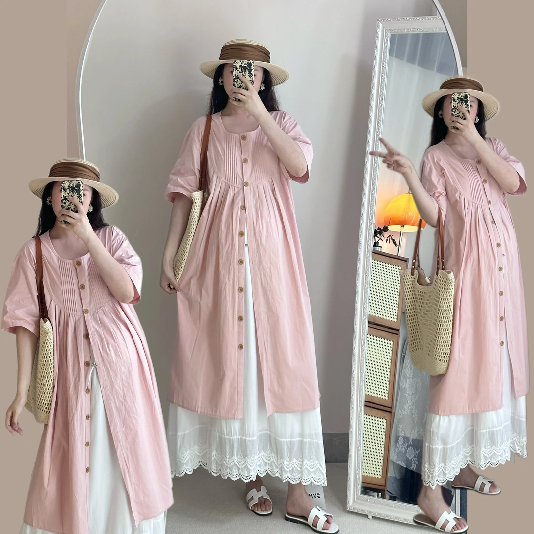 孕妇装连衣裙夏季2025新款孕妈高级感穿搭粉色衬衣裙+半身裙夏款