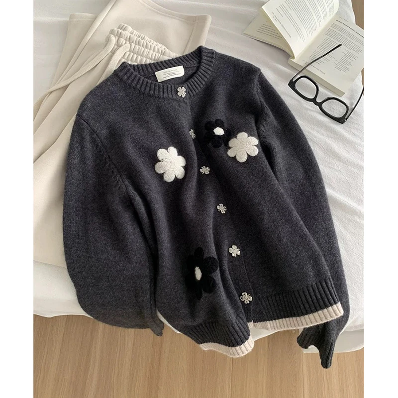 【花朵开衫】深灰小香风钻扣针织开衫女FFN3088