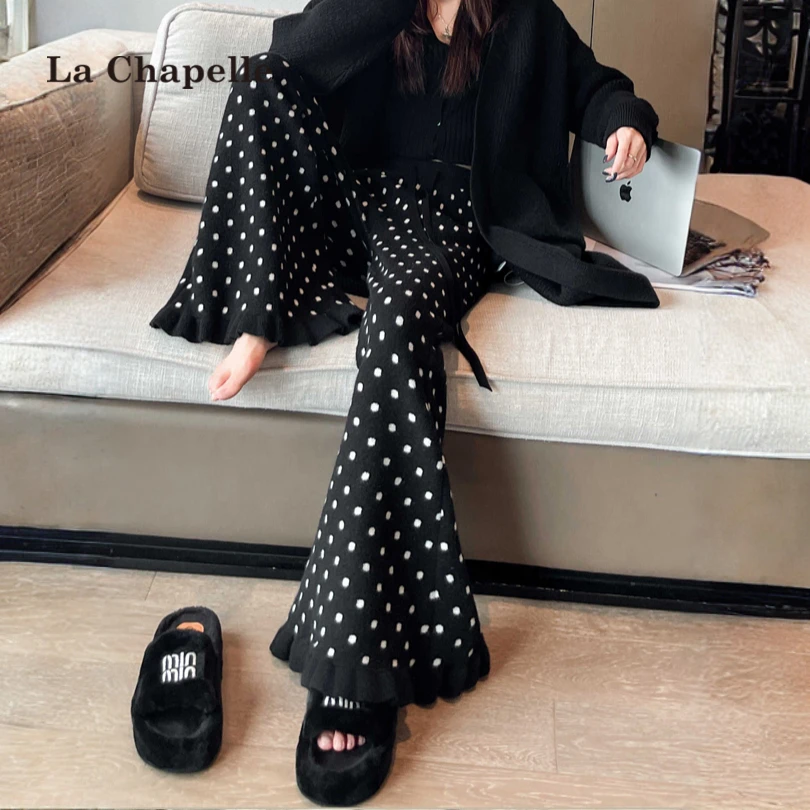 拉夏贝尔慵懒风波点花边针织微喇叭裤女2025秋冬高腰显瘦休闲裤子