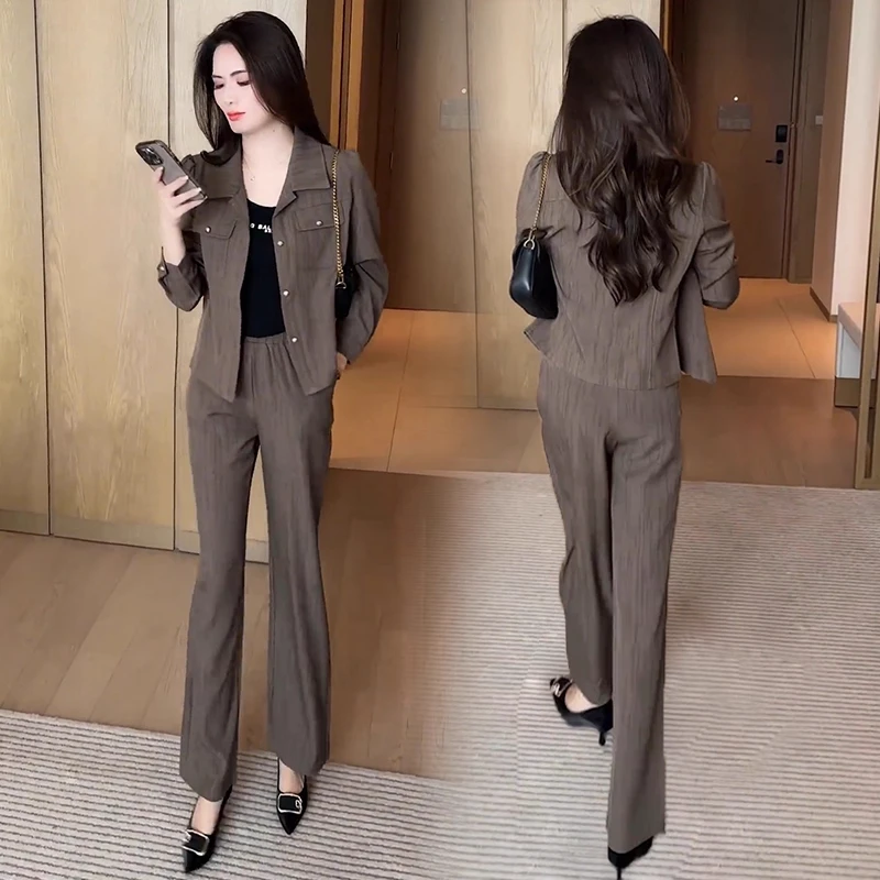 拉夏贝尔时尚套装女士2025年春秋新款短款外套阔腿裤休闲两件套潮