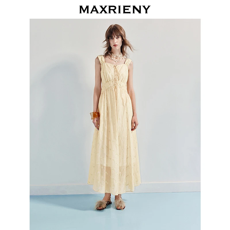 MAXRIENY法式宫廷连衣裙奶油色裙子25夏端庄高级感领口绑带收腰散