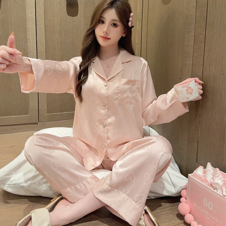 爱心提花睡衣女冰丝长袖长裤春秋季家居服套装网红高级感舒适韩版