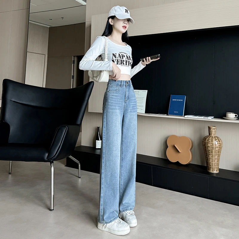 阔腿牛仔裤女2025春夏新款直筒宽松高腰显瘦大码胖mm窄版拖地裤子