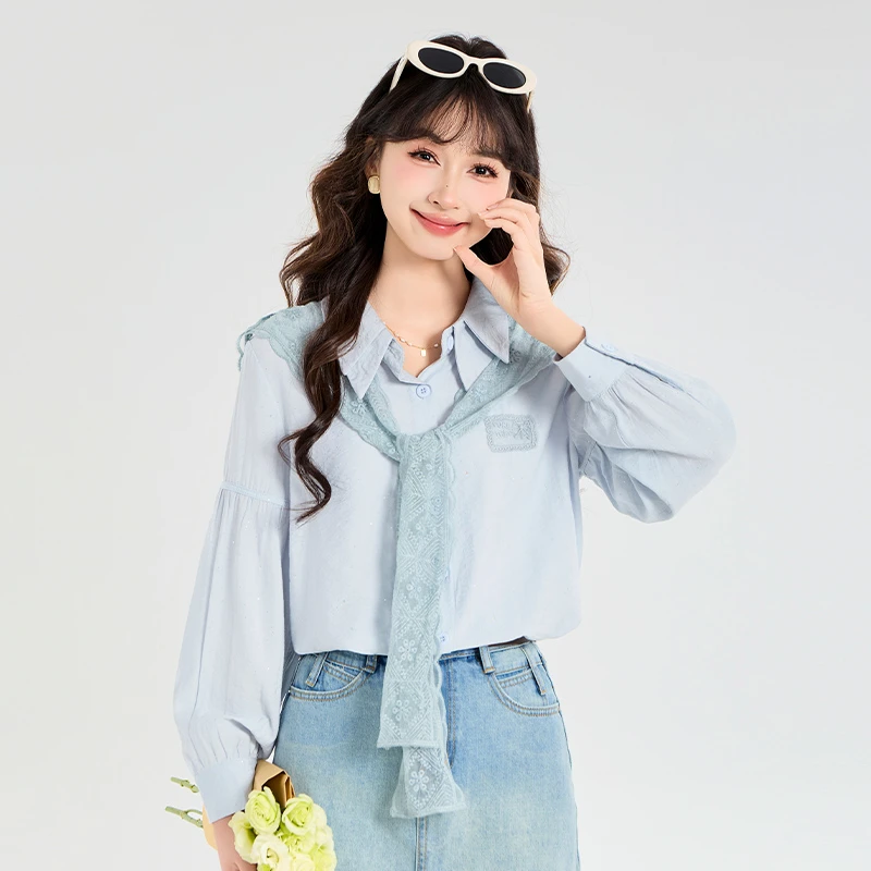 【小铃铛】TU24747法式甜美搭配披肩衬衫女小清新设计感百搭上衣
