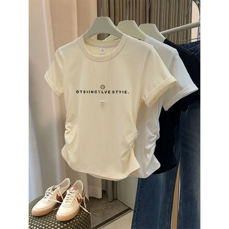 设计感小众正肩圆领短袖t恤女2025新款侧边褶皱收腰杏色上衣夏季