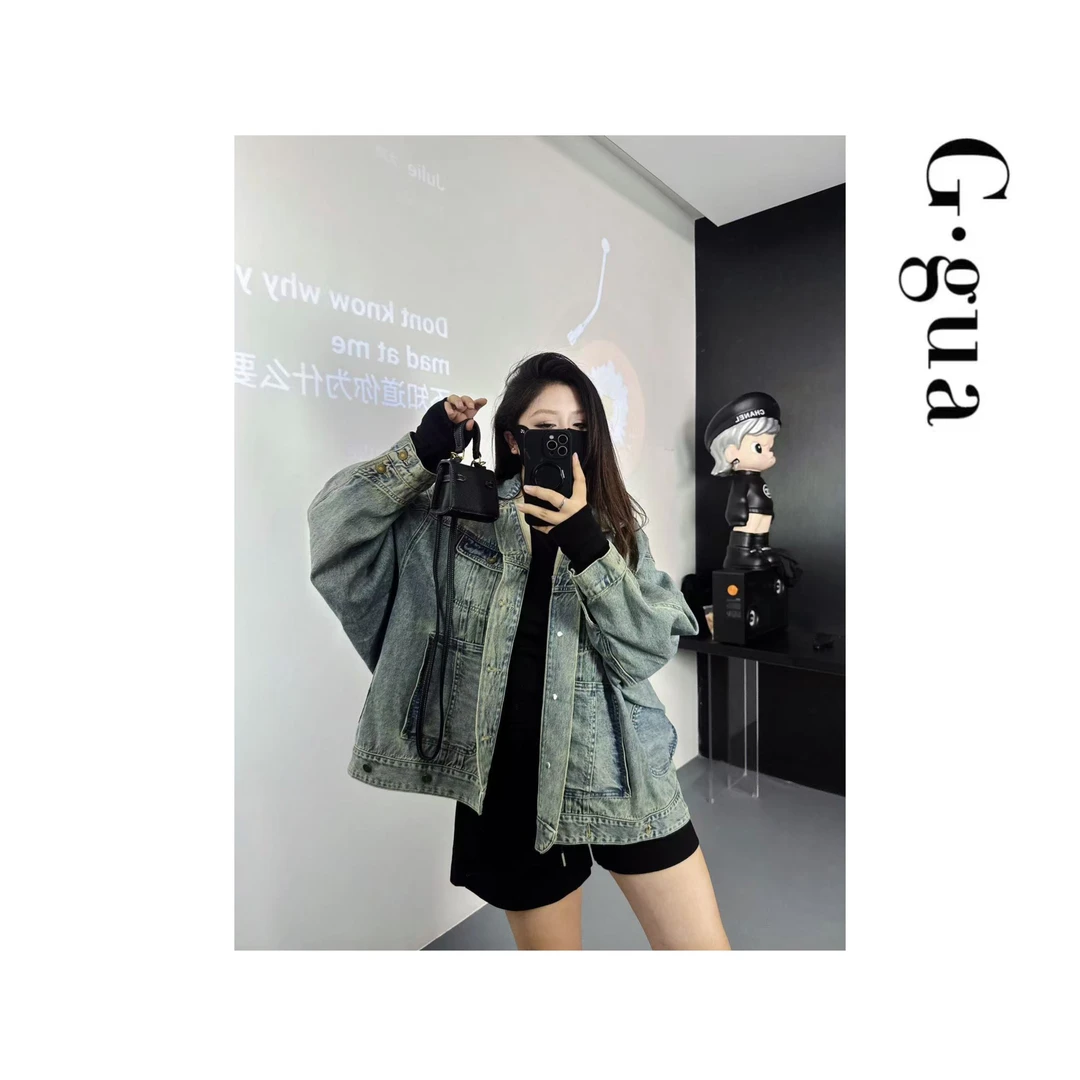 【张_Ggua】大码美式复古牛仔外套新款多口袋做旧宽松夹克上衣