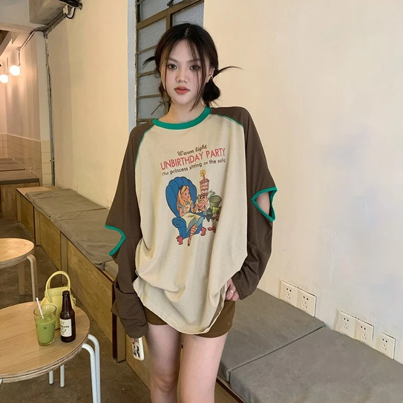 长袖女式t恤2025新款防晒宽松t恤春秋印花圆领韩版拼接设计感