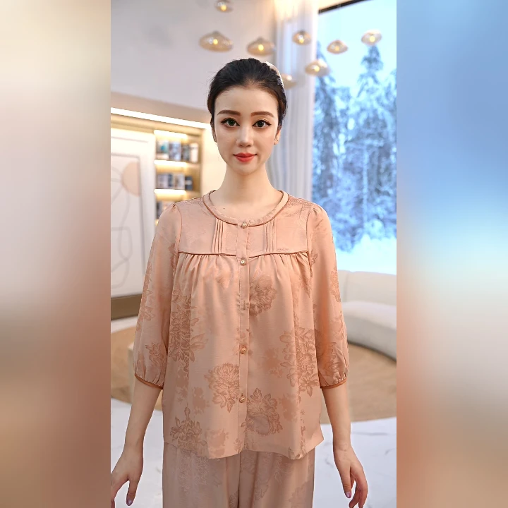 秋鹿仿真丝圆领六分袖长裤女套睡衣夏季女套装薄款