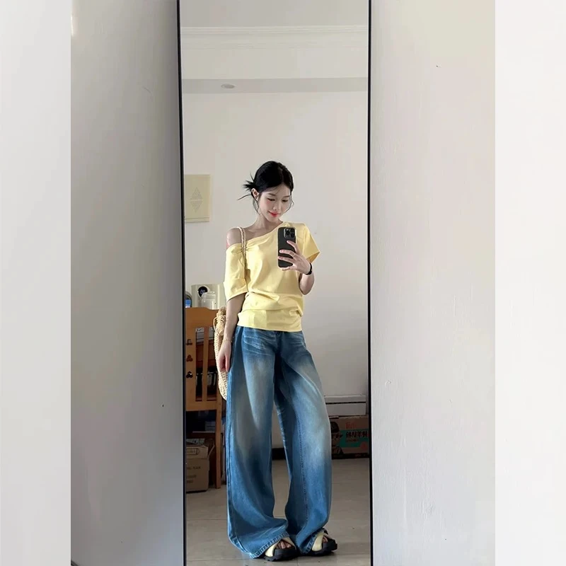 美式一字领斜肩甜辣妹短袖T恤女夏季宽松慵懒风遮肉露肩性感上衣