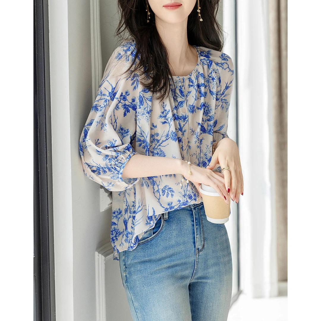 小清新雪纺花衬衫女夏季2025新款七分袖洋气减龄衬衣时尚宽松上衣