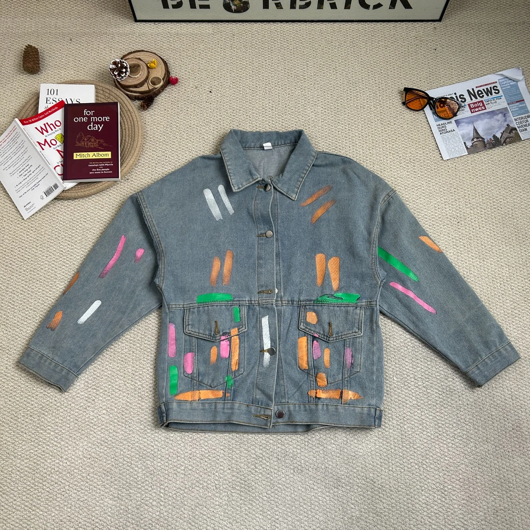 2025早春新款时尚百搭涂鸦手绘长袖牛仔厚外套8910