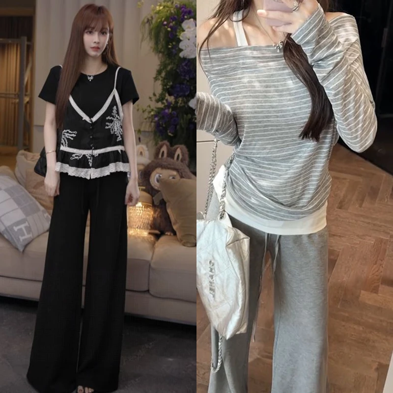 【mimius】P 条纹宽松显瘦罩衫+背心（无胸垫）+阔腿裤（松紧腰）G06042