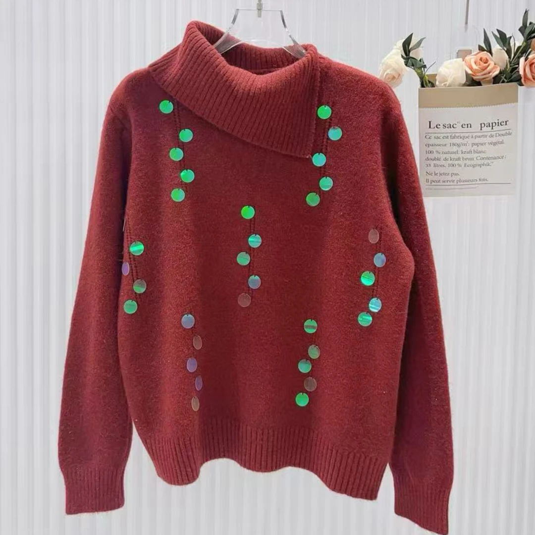 新年款款重工羊毛设计师款不对称衣领女装羊毛衫475