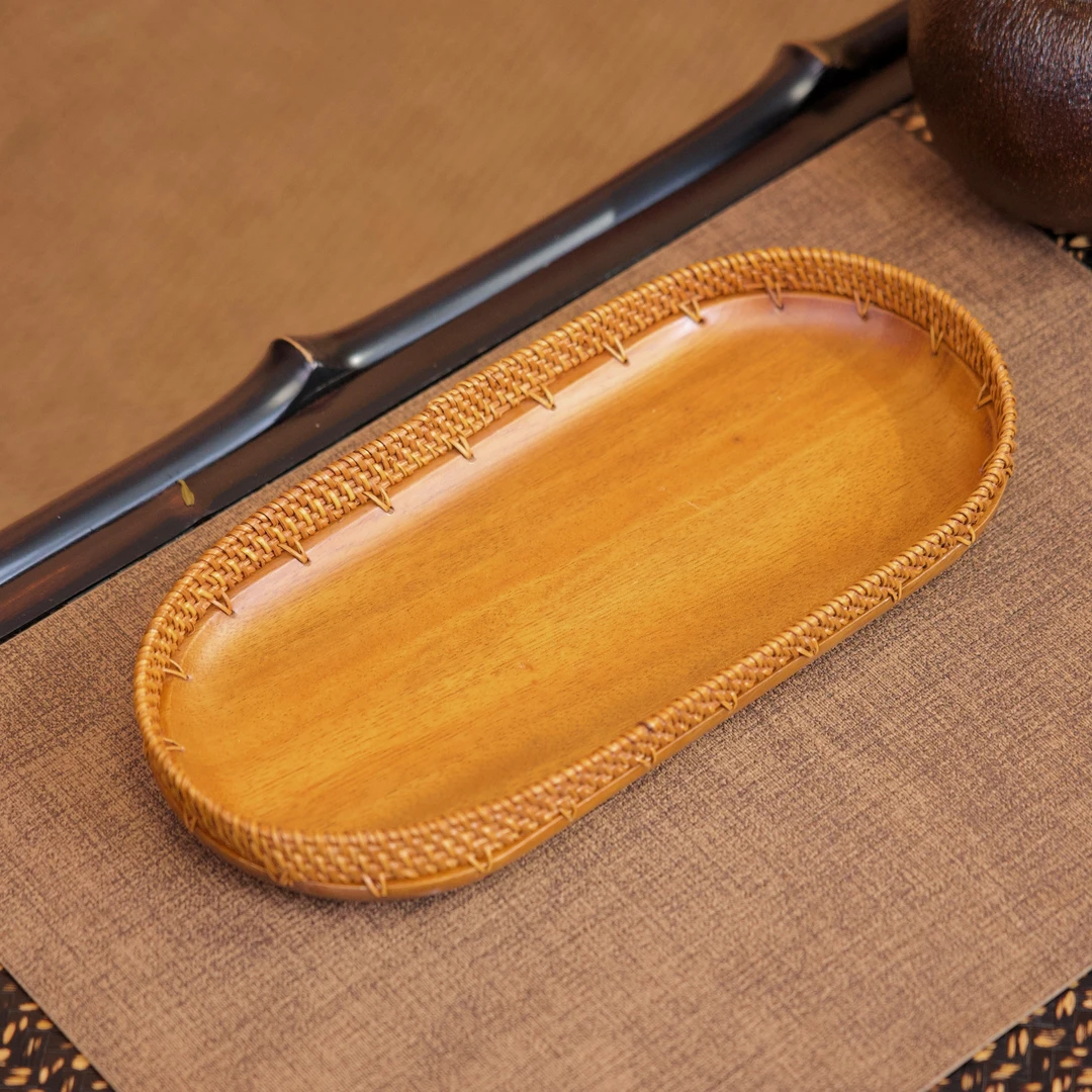 胡桃木果盘水果盘藤编筐干果盒茶道收纳长方形大号