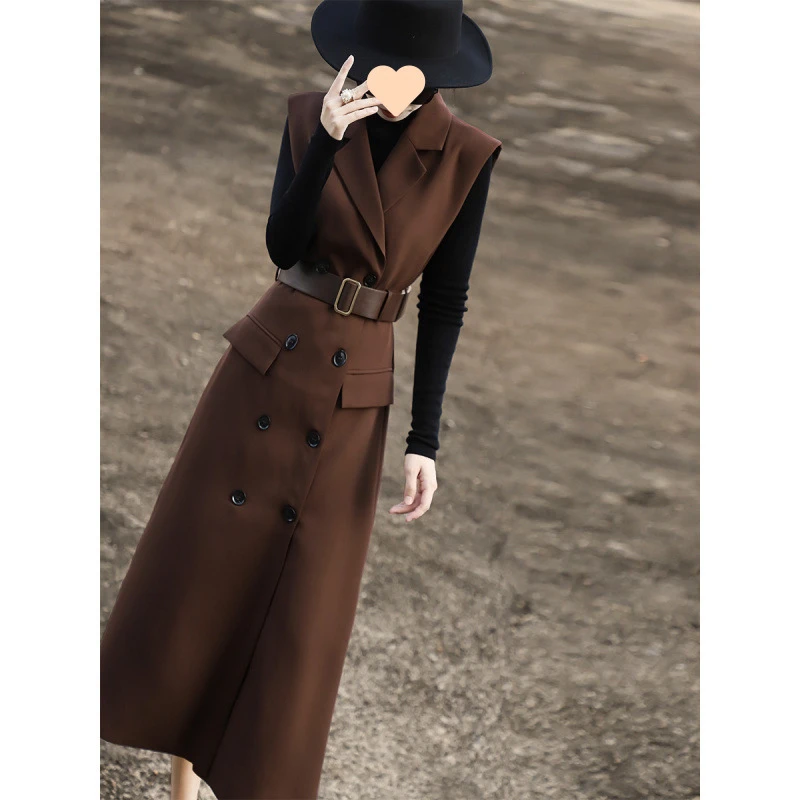 法式高级感2025年秋季新款气质通勤双排扣无袖西装马甲连衣裙女