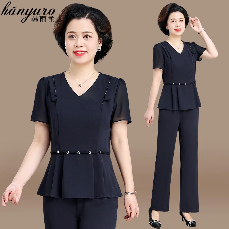 妈妈夏装套装洋气小香风两件套2025新款中老年夏季雪纺短袖上衣女