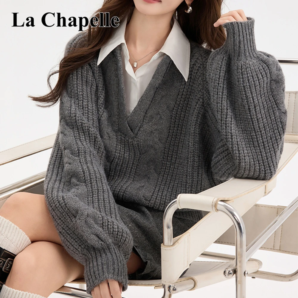 拉夏贝尔学院风加厚时尚纯色v领假两件套头毛衣秋冬减龄针织外套