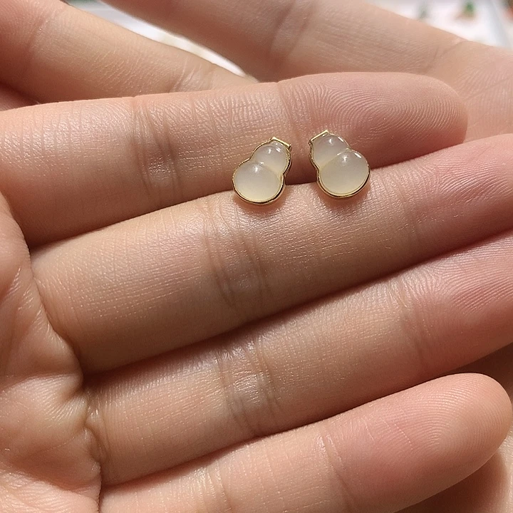 银S925镀金镶嵌和田玉（白玉）耳饰