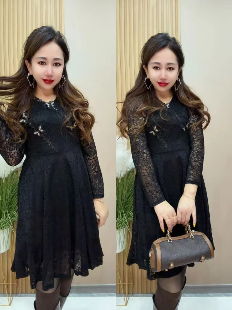 浩1168款蝴蝶蕾丝时尚秋冬连衣裙ins